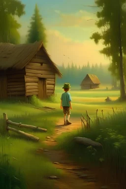 morning rural landscape. in the foreground near a log house stands a barefoot teenage boy. the boy is wearing only a wide-brimmed hat. a forest can be seen in the distance. in the style of Dutch painting