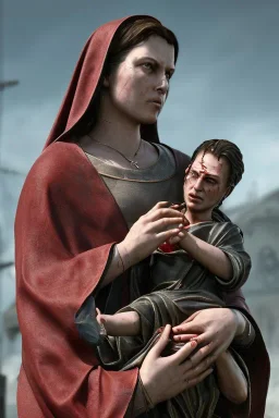 The Virgin Mary holds Christ in her arms, cries with blood, resident evil, resident evil, horor, photorealistic illustration, 8k