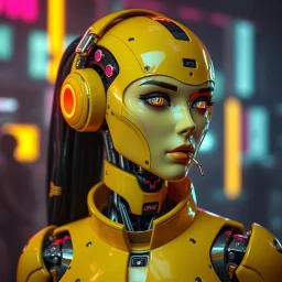 a cyberpunk female android robot, yellow, dystopia, cyberpunk, neon