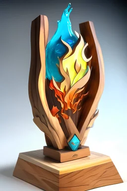 trophy made out of wood and acrylic using the 4 elements - inspired by elemental movie disney and pixar