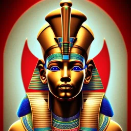 3D close-up of a Egyptian king Ramses, high contrast, glowing backlighting, blue and red backlighting, vibrant hair, dark brown eyes, sharp focus, face painting, background blur.