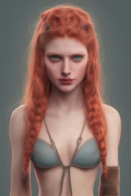 Woman ricci, cute, beautiful, orange hair, two braids, wild bangs, blue eyes, big eyes, freckles, long eyelashes, pink lipstick, thin lips, small nose, Gillian from Practical Magic, 8k resolution concept art portrait by Greg Rutkowski