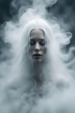 female face barely visible from very dense white smoke and fog, translucent form, ghost-like face, lots of white hair, lots of fog in the background, surreal style, cinematic, mystic