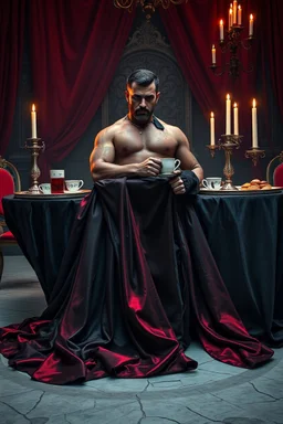 "prompt": "A dark, moody, surreal scene of a rugged auto mechanic at a decadent high tea. Instead of workwear, he now wears a flowing, high-fashion silk gown — glossy black with crimson undertones, draped dramatically yet smeared with streaks of oil and dust. The gown clings to his muscular frame while long folds cascade onto the cracked marble floor. He sits at a grand, candlelit tea table covered in black velvet, where tarnished silver trays hold eerie pastries, shattered porcelain cups