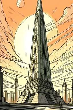 big obelisk pylon in center of dystopian apocalyptic futuristic city drawing power from the sun but very poorly constructed