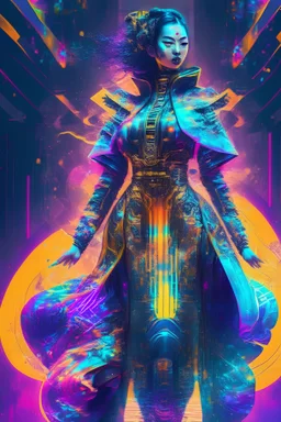 affluent female martial arts gown psychedlic cyberpunk