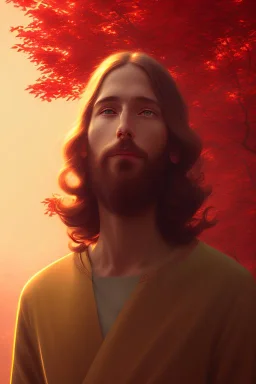 Jesus portrait at dawn by atey ghailan, golden light , heaven, volumetric light, high detail, red leaf tree, perfect