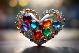 Coloured glass heart set with gemstones, glittering metal stems and gemstone leaves sharp focus elegant extremely detailed intricate very attractive beautiful dynamic lighting fantastic view crisp quality exquisite detail gems and jewels S<AI in sunshine Weight:1 Professional photography, bokeh, natural lighting, canon lens, shot on dslr 64 megapixels sharp focus Weight:0.9