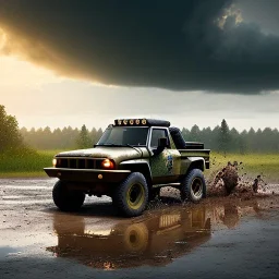 hyperrealistic shot, muddy military toy truck, monotone color palette, sharp focus, puddle reflection, tire water splash, refraction, mist on the horizon, shadowcast, detailed and intricate, cinematic composition, micro, tilt shift photography