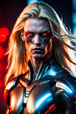 Portrait of a handsome alien humanoid warrior in a skintight suit with long blond hair and red eyes