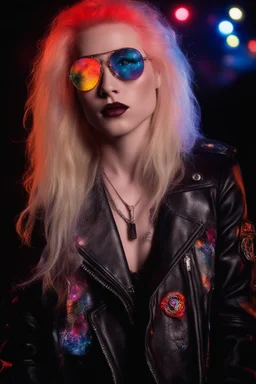 head and shoulders image, Hedwig and the angry inch - Ray-Ban sunglasses - Motley Crue - gothic pale-skinned vampire, fire and multicolored electrified cosmic clouds, Professional quality Photograph by Hoy Tung lu- Multicolored lightning -a smiling, long, blonde hair, blue eyes, goth makeup, black leather biker's jacket, black leather pants, combat boots, black fingerless gloves, sitting on in the forest next to a fire,