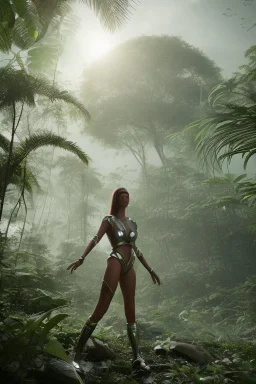 futuristic woman standing next to a large spaceship, in a jungle clearing