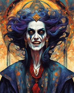 a fanciful, full body, close up, portrait illustration of an aged, ancient Romanian vampire sorceress filled with ecstasy, drama, split, glitchcore, macabre, double exposure, surrealistic, in the impressionist style of Childe Hassam, mixed with art nouveau, and abstract expressionism of Egon Schiele, and the comic art style of Jean-Giraud Moebius, highly detailed hair, facial features, and skin textures, in subdued natural colors