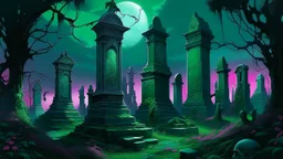 Ben Bocquelet's green and magenta gothic art, a lush and overgrown graveyard with tombstones covered in ivy, a full moon shining brightly in the sky casting an eerie glow over the scene