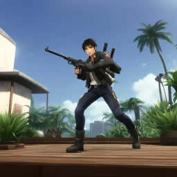 the jump with one gun in each hand iconic scene by John Woo (A Better Tomorrow, The Killer, Hard-Boiled) anime, DOA5LR by_Xnalara_Fanatic, Doppie_Nike_by_xDLGx (edited), Memento_Mori_Hotel_Room_by_Jhonny_Hebbert, House_Plants_by_Rondoe, SDTV_Touch_Remote_v2_by_Decan-Andersen