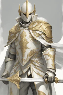 Leonin knight wearing white and gold armor, wearing a white and gold cape, holding a large sword and shield