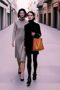 mujeres de 35 años caminando por una céntrica calle de una ciudad española, visten ropa de segunda mano, jersey de cuello alto, es la moda y es tendencia, fotografía real, de cara a la cámara