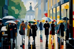 hustle and bustle in rain in Berlin 1925; impasto painting in Bauhaus style, cinematic, dramatic, dynamic, ((great verticals)), ((great parallels)), amazing reflections, excellent shadows, perfect translucency, sharp shadows, (wild contrasts), (vivid bold colors)