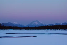 Night, Moon, distant mountains, pine trees, lagoon, lagoon reflections, winter, ice, snowy land