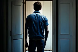 man in jeans and a shirt, back to the camera, standing in a row of doors, looking out through a doorway