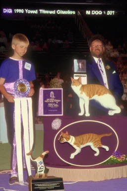 1990 dog show realistic (film Color Mission 200::10) photo from old disposable camera with a cat body rabit head winning first prize, grainy photo