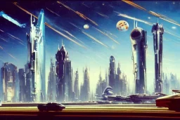 A Spaceship is taking off,Space Center on a heavy industrialized planet with a futuristic city in the background, (retrofuturistic:2), art by John Berkey, buildings with glass facades, brutalist architecture, insanely detailed, vibrant, 8k uhd, cinematic atmosphere, ultra-wide angle, street level view, brush strokes, blue sky with clouds, sharp focus