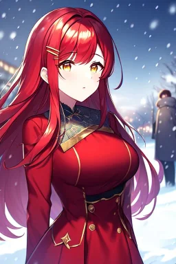 girl, masterpiece, best quality, volumetric lighting, detailed outfit, perfect eyes, red hair, golden eyes, long hair, snowing, outdoors, winter outfit, hairclip, depth of field, red outfit,