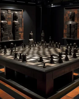A dark brownish black shadowy chess themed stronghold designed in Maori sculptures painted by Mark Rothko