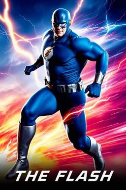 1/4 side view, looking at the viewer, Movie Poster - "THE FLASH" - A massive, thick, extremely muscular, 7'8" tall man, ((skintight, formfitting, long-sleeved, Blue spandex bodysuit:1.5)), ((Silver knee-high boots:1.5)), ((Silver wrist gauntlets, blue fingerless gloves, silver, double holstered utility belt:1.5)), ((skintight, formfitting, blue spandex helmet with blue eye disguise,:1.5)), Running, multicolored lightning emanating from his body, an overly exaggerated muscular stature