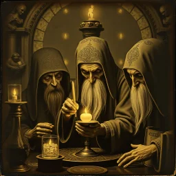 Daguerrotype close up some mysterious figures, odd background, alchemists, ritual, Hieronymus Bosch Max Ernst ambient light, by Minicavio Quollati and Marlost Endgulp, Amano, Botticelli, Alphonse Mucha