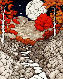 Autumn colors, peaceful, Egon Schiele, Max Ernst, night sky filled with galaxies and stars, rocks, trees, flowers, one-line drawing, sharp focus, 8k, deep 3d field, intricate, ornate, one million strokes