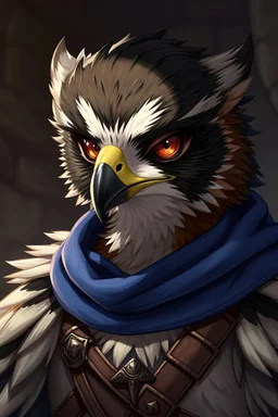 young furry male falcon character, druid character, brown eyes, masterpiece, light, expert, insanely detailed, 4k resolution, sharp, dungeons, black feathers, blue scarf