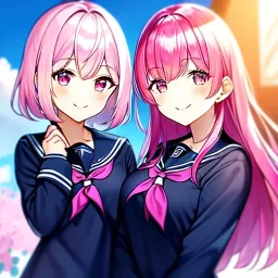 8k, Girl, high quality, detailed, pink hair, pink eyes, beautiful lighting, vibrant colors, smiling, school uniform