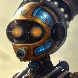 a beautiful full frame portrait digital painting of futuristic gaspunk robot, wide angle view, close-up, macro lens, centered camera, titanium accents, intricate details, small minutiae, tiny features, particulars, colorful, 8k, least ambient occlusion, volumetric lighting, volumetric clouds