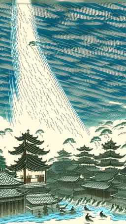 A white cloudy sky with tornadoes painted by Utagawa Hiroshige