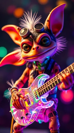 a psychedelic charming muppet show gekko gremlin rock star with space laser transparent prismatic guitar in the style of Escher, bokeh like f/0.8, tilt-shift lens 8k, high detail, smooth render, down-light, unreal engine, prize winning