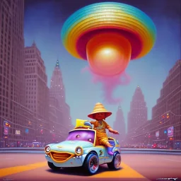 A one-year-old boy rides in the plastic funny toy-car on the middle of a busy street in new york. He has and a large-brimmed straw hat. somehow photographic bright colors and sunset, fantasy art, Anna Dittmann, digital painting, dan mumford, oil on canvas, jeff koons, akihito yoshida, wlop, kodachrome,