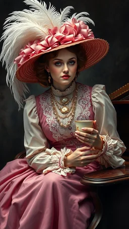 Mesmerising hyper-realistic surrealistic photographic portrait depicting Lady Perfection, Merry Poppins . Glowing with aristocratic beauty, Merry Poppins is dressed in traditional 19th century lady's attire, her hat adorned with striking white raven feathers. Her delicate face glows slightly, radiating an ethereal softness that reflects her deep connection to the mystical world. She sits on the lid of an antique piano and holds a cup of tea. The background is a complex dark canvas filled with my