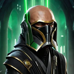 star wars bald male corellian jedi pilot wearing gunmetal grey and black old republic armored robes with gold trim inside the jedi temple holding a lightsaber with viridian green blade in left hand, centered head and shoulders portrait, hyperdetailed, dynamic lighting, hyperdetailed background, 8k resolution, volumetric lighting, light skin, fully symmetric details