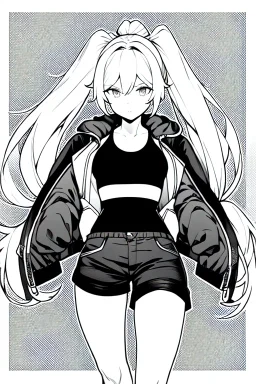 blonde girl with ponytails dressed in a jacket and shorts makes its way in the dark, greyscale