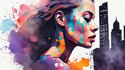 watercolor, various width and energetic brush strokes, trippy neon splashes, splatters, speckles, close-u p, woman, side profile, half face with detailed lips, blending with half face with cityscape, cool, dark background, aesthetic, contrasting background, signature by supersy, illustration, painting, poster, photo, cinematic, architecture, vibrant, dark fantasy, dark colors, Luis Royo & Raymond Swanland & Alyssa Monks & Anna Razumovskaya