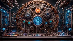 3D rendering of expressively detailed and intricate of a hyperrealistic electronics laboratory experiment: symmetric, front view, colorful paint, tribalism, steampunk, shamanism, cosmic fractals, dystopian, octane render, volumetric lighting, 8k post-production, detailed metallic objects, dendritic, artstation: award-winning: professional portrait: atmospheric: commanding: fantastical: clarity: 16k: ultra quality: striking: brilliance: stunning colors: amazing, beautiful, stunning composition
