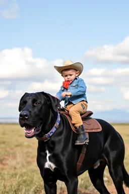 A monkey with cow boy custom riding a Great Dane black dog