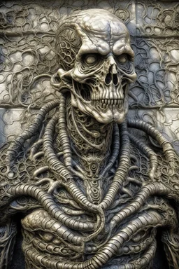 sculpture of one man and a snake , front view . decayed and rotting with grotesque proportions and imagery. abstract grotesqueries, detailed texture, surreal horror, biomechanical design, by hr giger and beksinski
