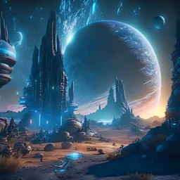 extremly detailed fantasy sci fi landscape with interesting object and buildings, beatiful starry night sky, planets on background, unreal engine 5, 8k resolution, photorealistic, ultra detailed