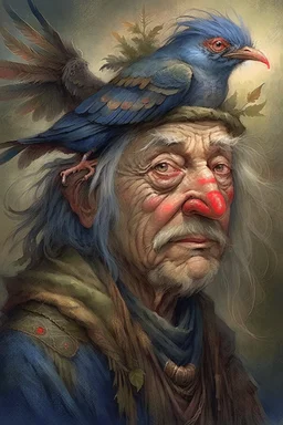 a painting of an old man with a bird on his head, a character portrait by Wendy Froud, cgsociety, fantasy art, storybook illustration, grotesque, detailed painting