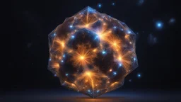 A delicate stellated buckyball, wonderful, beautiful, complete, floating in outer space in the milky way, luminous, glowing, reflective, coloured, fractal texture, exquisite composition, beautiful precise intricate insanely detailed octane render trending on artstation, 8k artistic photography, photorealistic concept art, soft natural volumetric cinematic perfect light, chiaroscuro, award-winning photograph, masterpiece, style of M. C. Escher