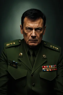 portrait of a 50 year old evil military leader. sneering expression, dark short hair,