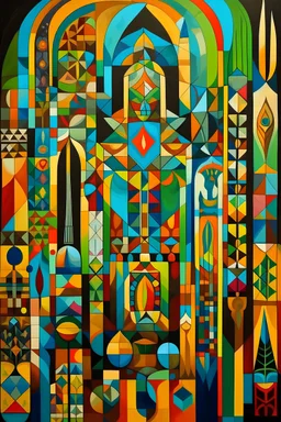 A (((contemporary Cubist-style art piece))), representing modern Saudi and Islamic art, with vibrant colors and geometric patterns, reflecting both traditional and contemporary influences