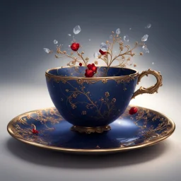 A midnight blue teacup with a gold rim and small red florets on a plate. Illustrative art, art interpretation, concept art, cgsociety contest winner, seasonal art, seasonal art HD, 4k, 8k, intricate, detailed, intricately detailed, luminous, translucent fantasy crystal, holographic data, soft body, shadow play, light, fog, atmospheric, cinematic, light film, hyper-detailed, hyper-realistic, masterpiece, atmospheric, high resolution, 8k, HDR, 500px, mysterious and artistic digital art, phototic,